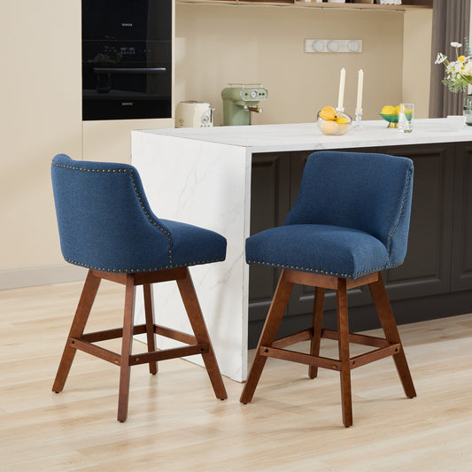 Blue Fabric Swivel Bar Stools Set of 2 | 26” Counter Height Chairs with Wood Frame