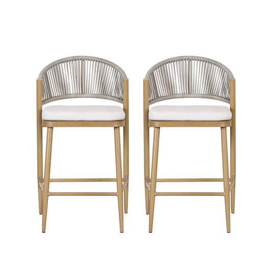 Outdoor Counter Stools Set of 2 – Maple Finish Wicker Aluminum Patio Chairs with Cushions