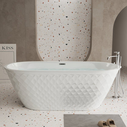 59-Inch Freestanding Acrylic Soaking Bathtub with Diamond Pattern