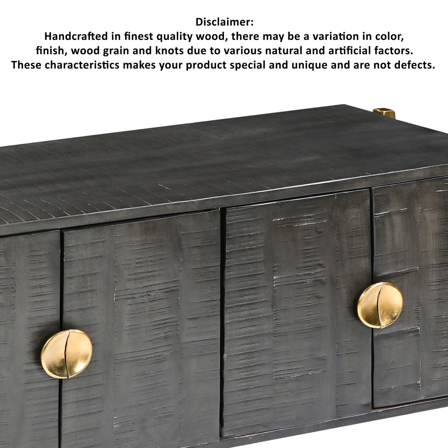 Tali 48 Inch Accent Sideboard Buffet Cabinet, 2 Doors with Gold Round Handles, Saw Marked, Charcoal Gray Acacia Wood