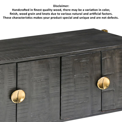 Tali 48 Inch Accent Sideboard Buffet Cabinet, 2 Doors with Gold Round Handles, Saw Marked, Charcoal Gray Acacia Wood