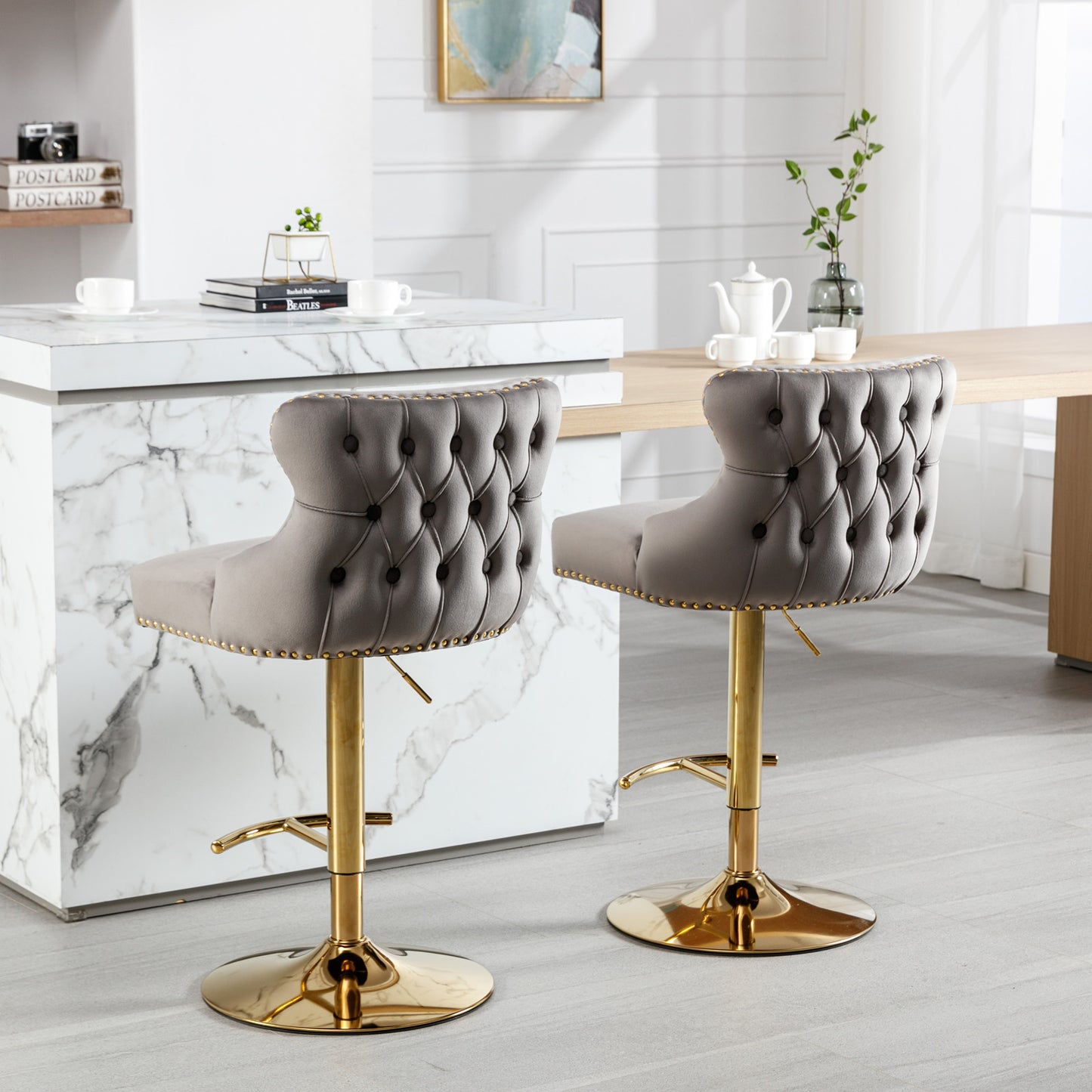 Seat Wide19.3 inches,Golden Swivel Velvet Barstools Adjusatble Seat Height from 25~33 Inch, Wing-Back Upholstered Bar Stools with Backs Comfortable Tufted for Kitchen Island or Bar,Gray,Set of 2