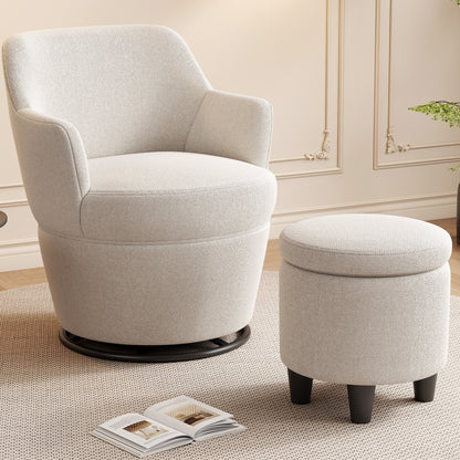 360°Swivel Accent Chair with Ottoman, Lounge Sofa with Nail Trim, Living Room Chairs, Bedroom Chair, Vanity Chair, Nursery Glider, Swivel Barrel Chair-Beige/White Accent Chair