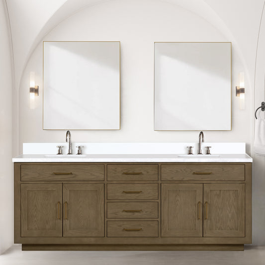 Grey Oak Double Bath Vanity 84 in. W x 22 in. D, White Quartz Top, Faucet Set, and 36 in. Mirrors