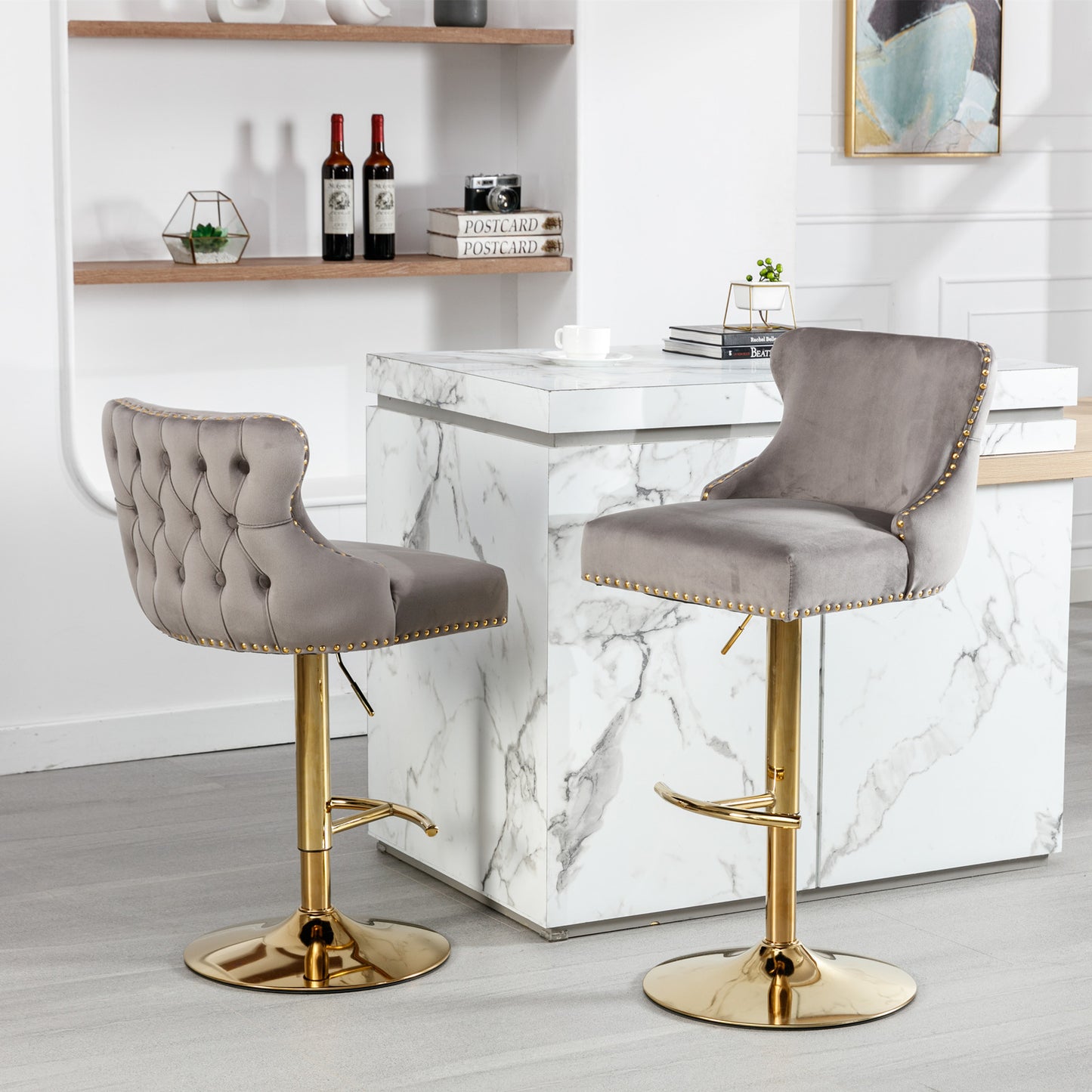 Seat Wide19.3 inches,Golden Swivel Velvet Barstools Adjusatble Seat Height from 25~33 Inch, Wing-Back Upholstered Bar Stools with Backs Comfortable Tufted for Kitchen Island or Bar,Gray,Set of 2