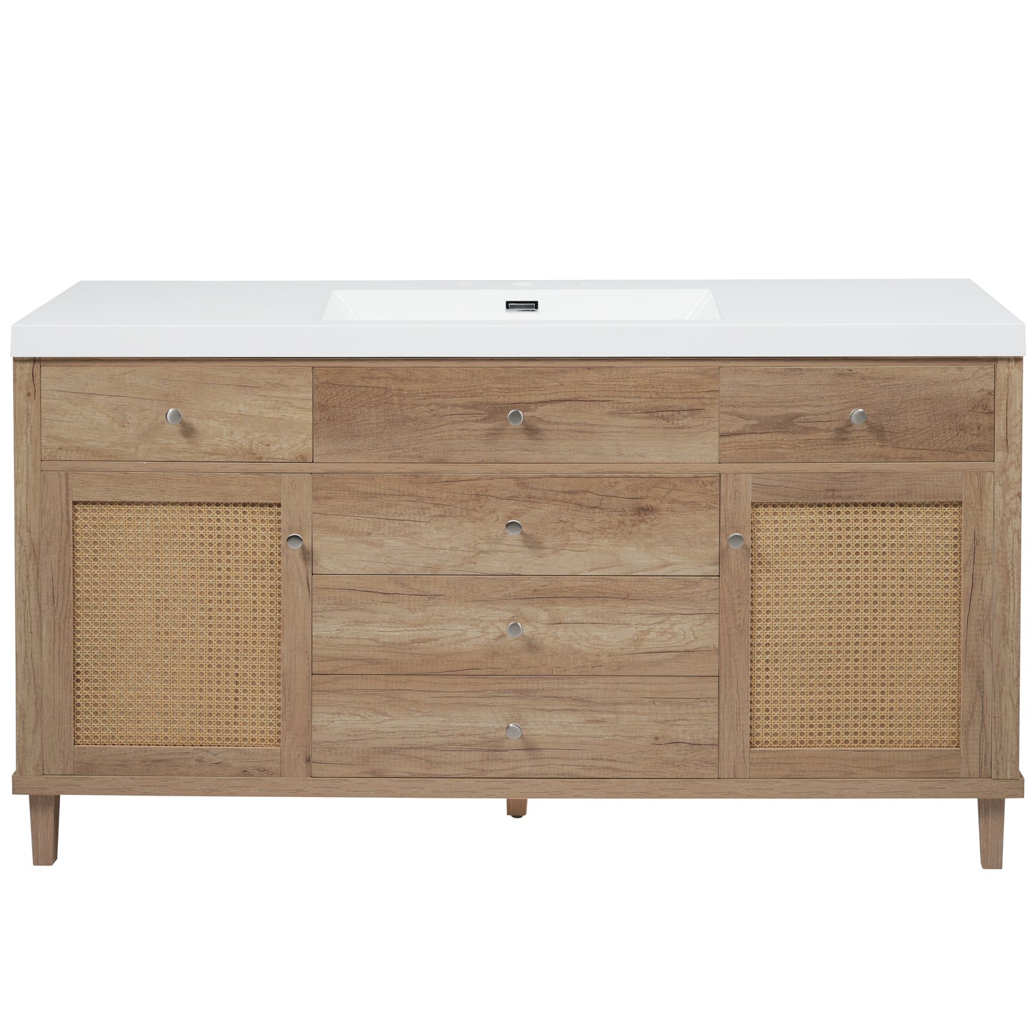 60-Inch Natural Wood Bathroom Vanity with Rattan Doors
