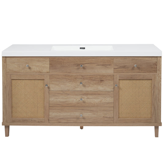 60-Inch Natural Wood Bathroom Vanity with Rattan Doors