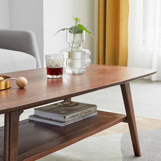 Center table Low Table 100% solid Oak Wood Top plate Desk Coffee table Width 100 x Depth 50 x Height 44 cm Study desk Work from home Easy to assemble Walnut Color Wood With Storage Shelf
