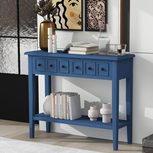 TREXM Entryway Table with 2 Drawers, Rustic Console Table with Open Shelf and Rubber Wood Legs for Entryways, Living Rooms, and Hallways (Navy)