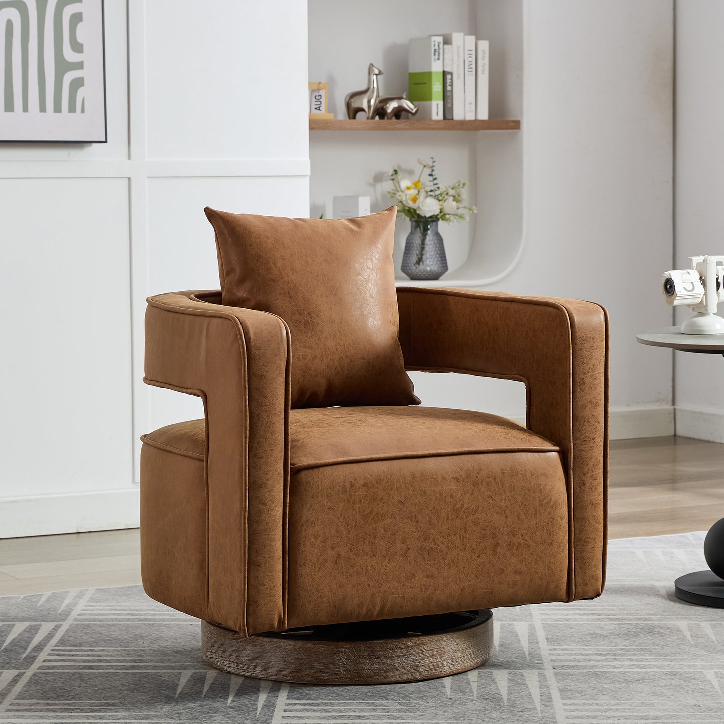29.1'W Swivel Accent Open Back Barrel Chair Modern Comfy Sofa Chair With Weathered Base For Nursery Bedroom Living Room Hotel Office, Club Chair Leisure Arm Chair For Lounge (Brown,PU)