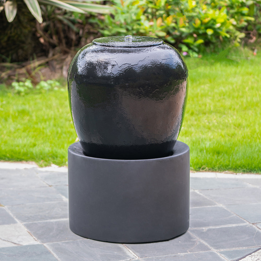 19.5x19.5x32.5' Heavy Outdoor Cement Fountain Black, Cute Unique Urn Design Water feature For Home Garden, Lawn, Deck & Patio