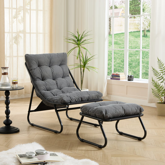 Patio Outdoor Lounge Chair with Ottoman, Comfy Sling Recliner Chair with Puffy Cushion and Foot Stool,   Ideal for Living Room, Bedroom, Reading Room, Black frame with grey cushion