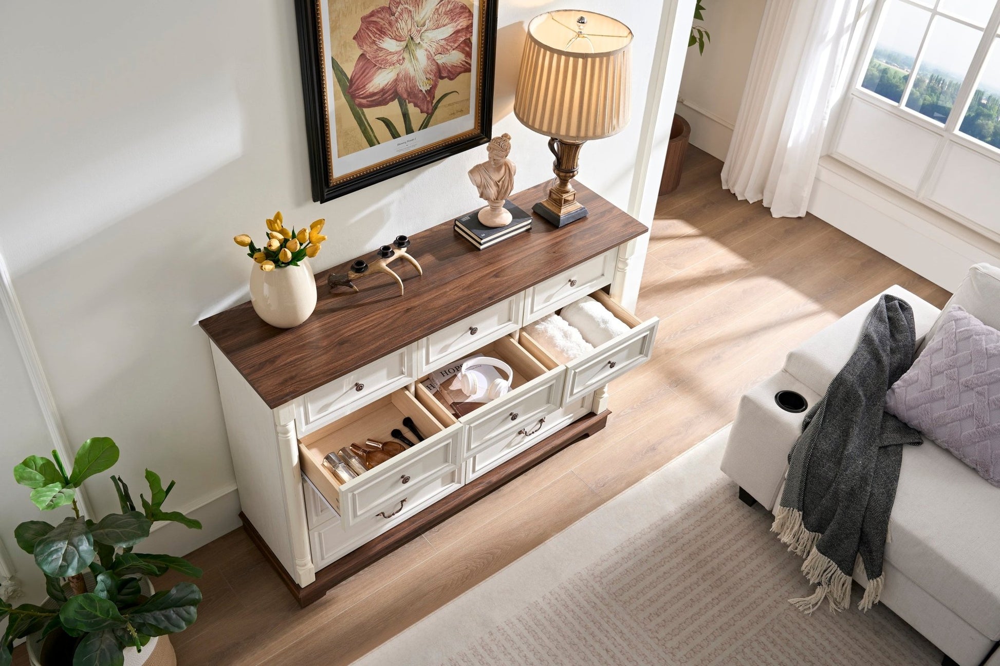 10 Drawer Dresser Chest for Bedroom with Wooden Base and Riser Trim, Wooden Rustic Rustic Chest of Drawers, Storage Dresser for Bedroom, Living Room - 1st Choice Furniture Direct