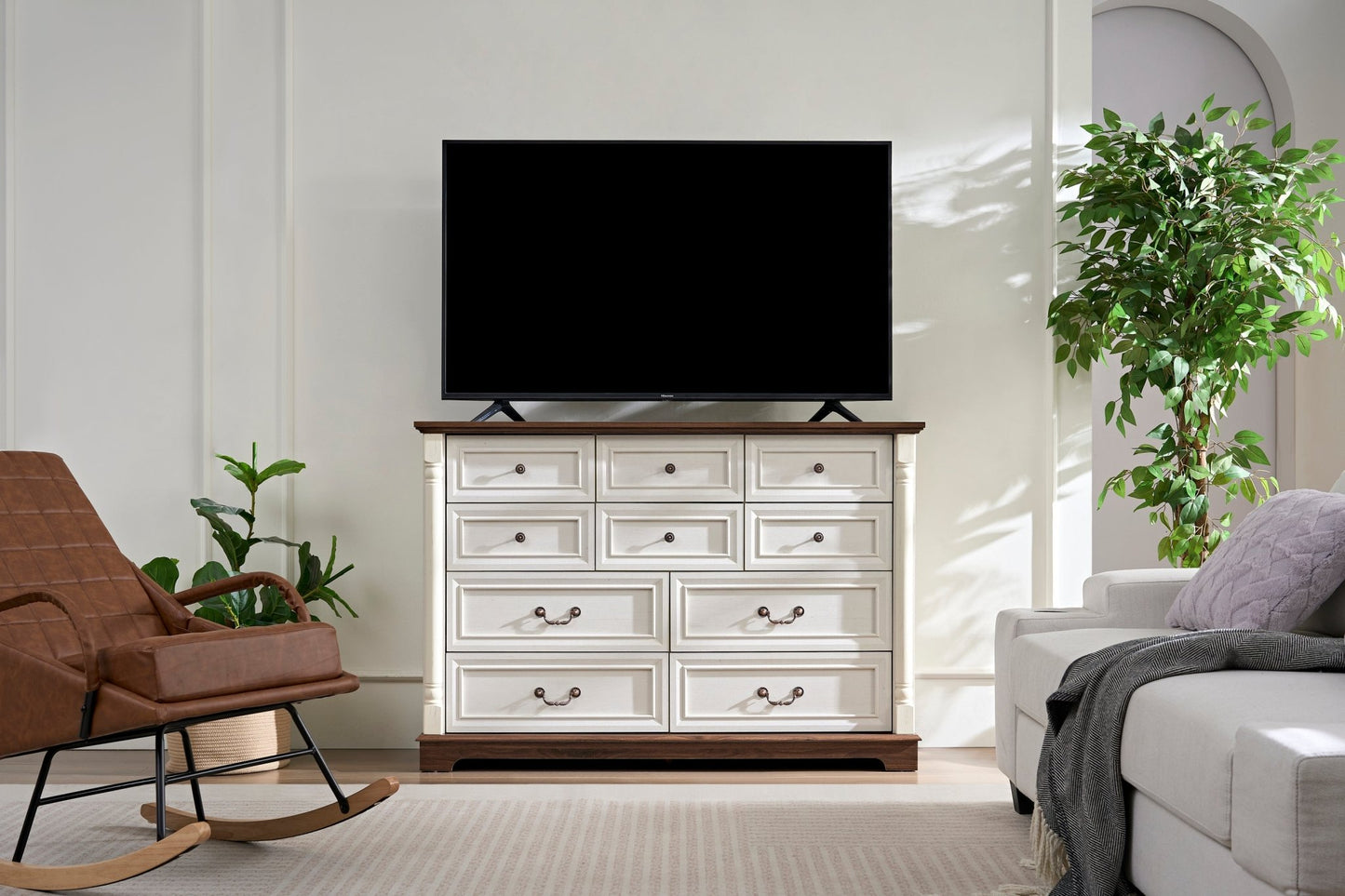 10 Drawer Dresser Chest for Bedroom with Wooden Base and Riser Trim, Wooden Rustic Rustic Chest of Drawers, Storage Dresser for Bedroom, Living Room - 1st Choice Furniture Direct