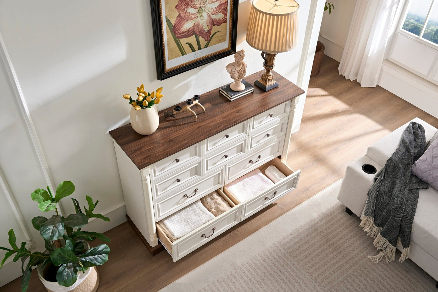 10 Drawer Dresser Chest for Bedroom with Wooden Base and Riser Trim, Wooden Rustic Rustic Chest of Drawers, Storage Dresser for Bedroom, Living Room - 1st Choice Furniture Direct