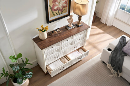 10 Drawer Dresser Chest for Bedroom with Wooden Base and Riser Trim, Wooden Rustic Rustic Chest of Drawers, Storage Dresser for Bedroom, Living Room - 1st Choice Furniture Direct