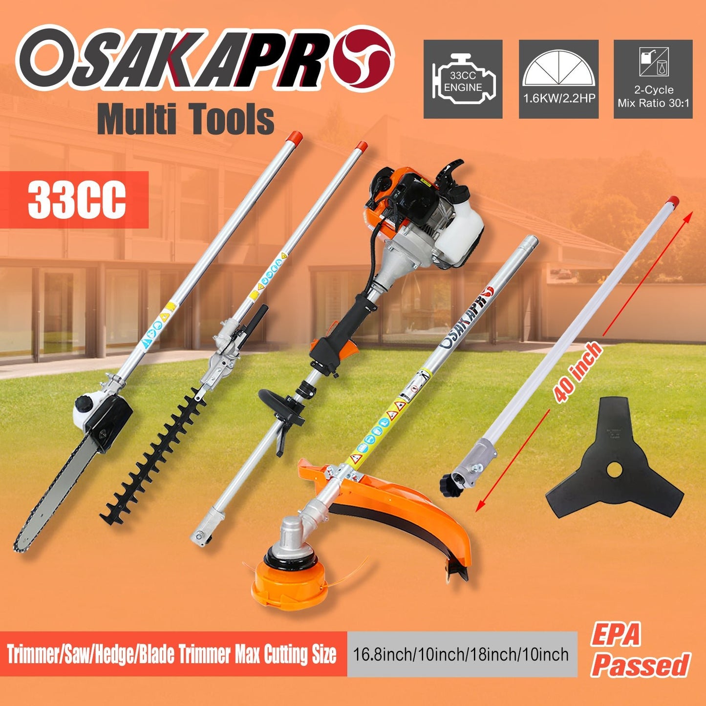 10 in 1 Multi - Functional Trimming Tool, 33CC 2 - Cycle Garden Tool System with Gas Pole Saw, Hedge Trimmer, Grass Trimmer, and Brush Cutter EPA Compliant - 1st Choice Furniture Direct