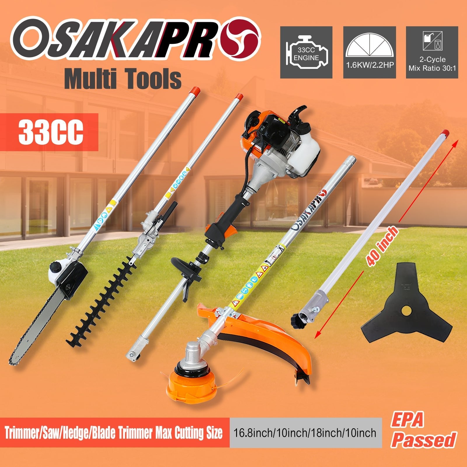 10 in 1 Multi - Functional Trimming Tool, 33CC 2 - Cycle Garden Tool System with Gas Pole Saw, Hedge Trimmer, Grass Trimmer, and Brush Cutter EPA Compliant - 1st Choice Furniture Direct