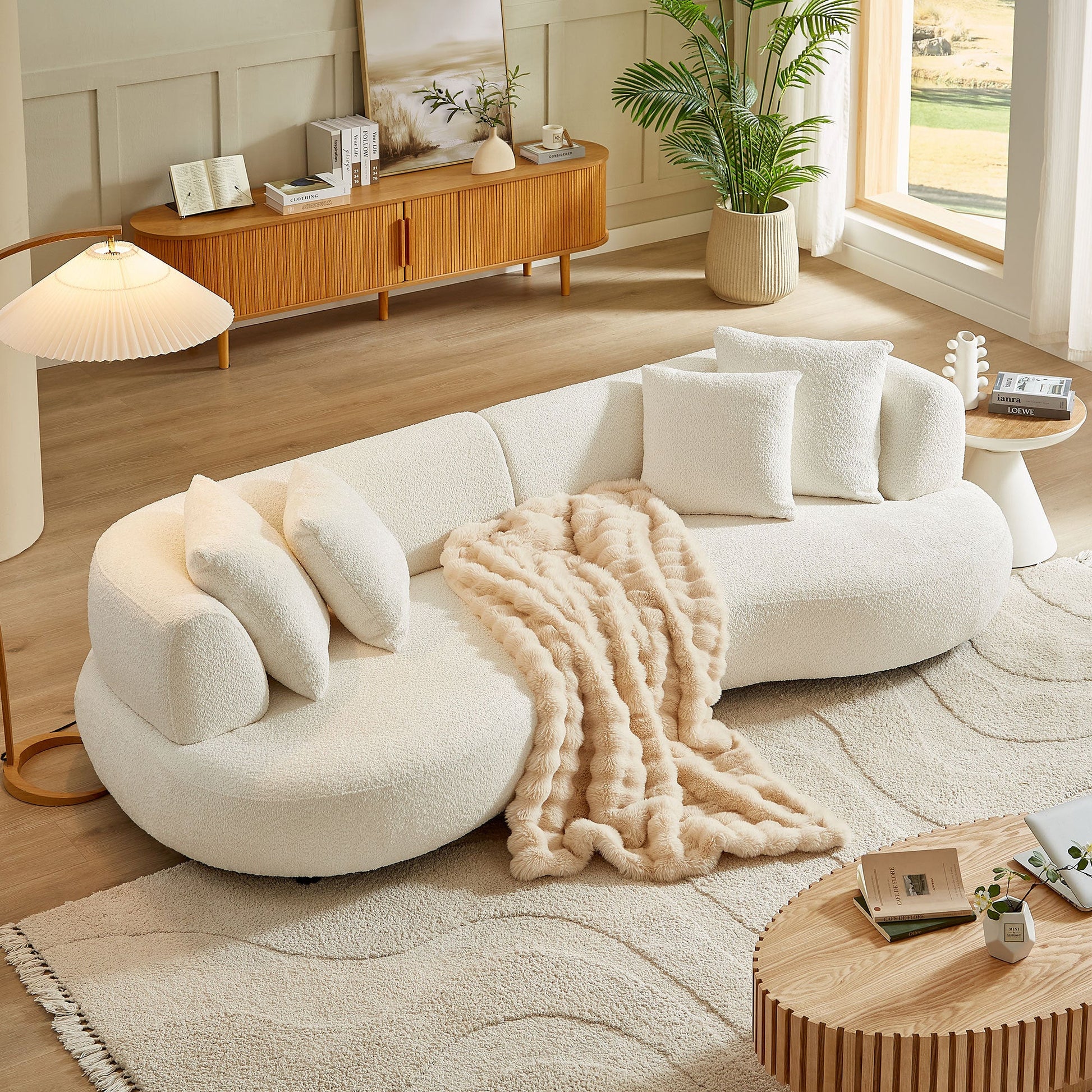 102.36 inch Mid Century Modern Sectional Curved Sofa Couch, Comfy Sofa for Living Room,Upholstered 4 - Seat Sofa Boucle Fabric Cream Style Couch for Apartment,White - 1st Choice Furniture Direct
