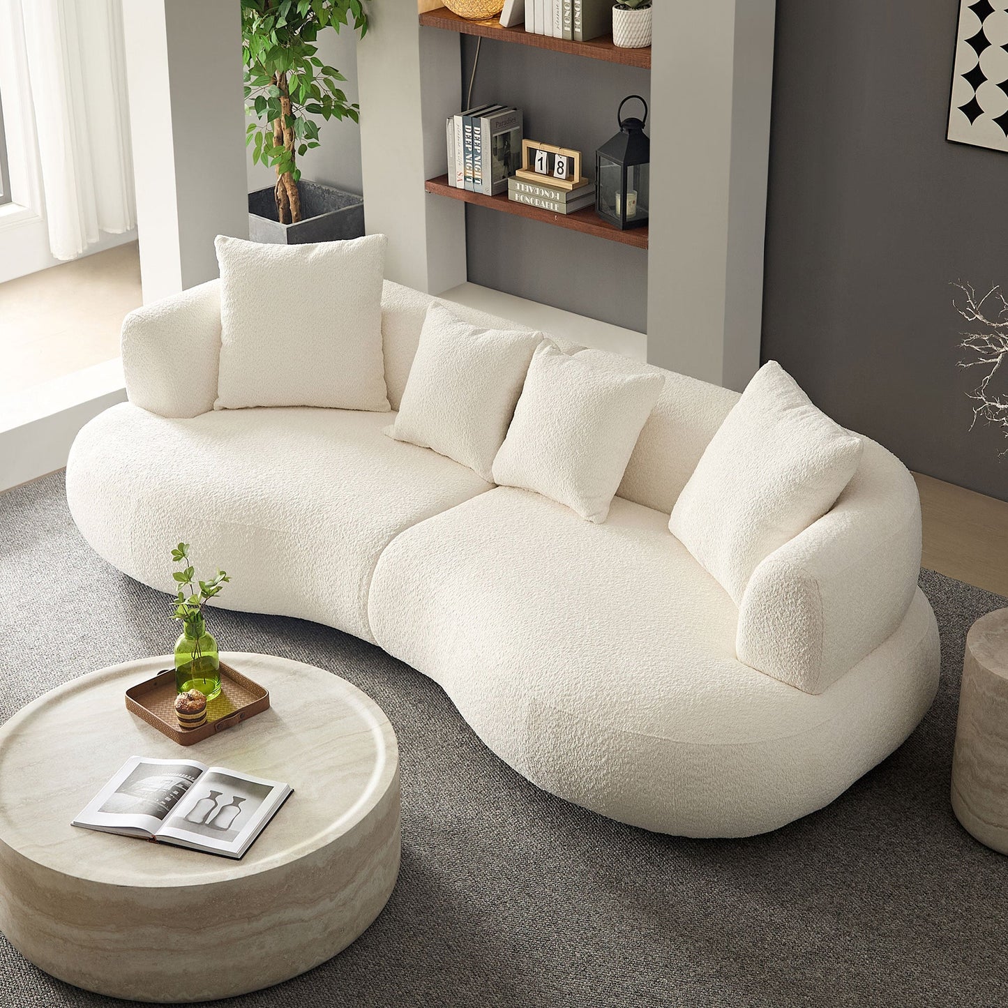 102.36 inch Mid Century Modern Sectional Curved Sofa Couch, Comfy Sofa for Living Room,Upholstered 4 - Seat Sofa Boucle Fabric Cream Style Couch for Apartment,White - 1st Choice Furniture Direct