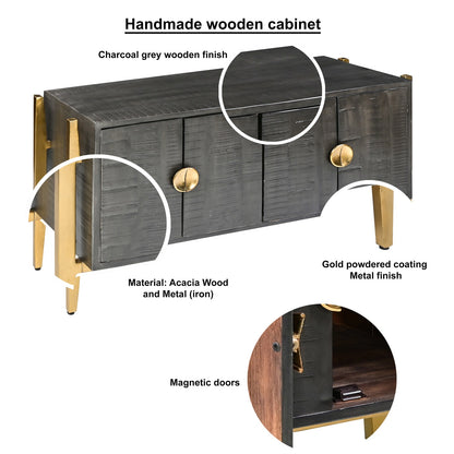 Tali 48 Inch Accent Sideboard Buffet Cabinet, 2 Doors with Gold Round Handles, Saw Marked, Charcoal Gray Acacia Wood