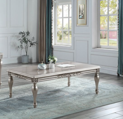 Platinum Silver Coffee Table with Turned Wood Legs