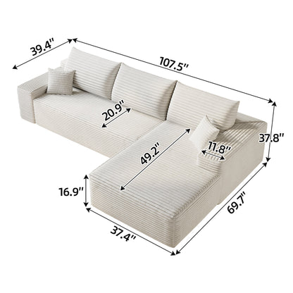 107' Cloud Sectional Couch with L - Shape Chaise,Modern Modular Sofa with Deep Seat, Upholstered Couches for Living Room Bedroom,No Assembly Required, (Plush Corduroy Fabric),White - 1st Choice Furniture Direct