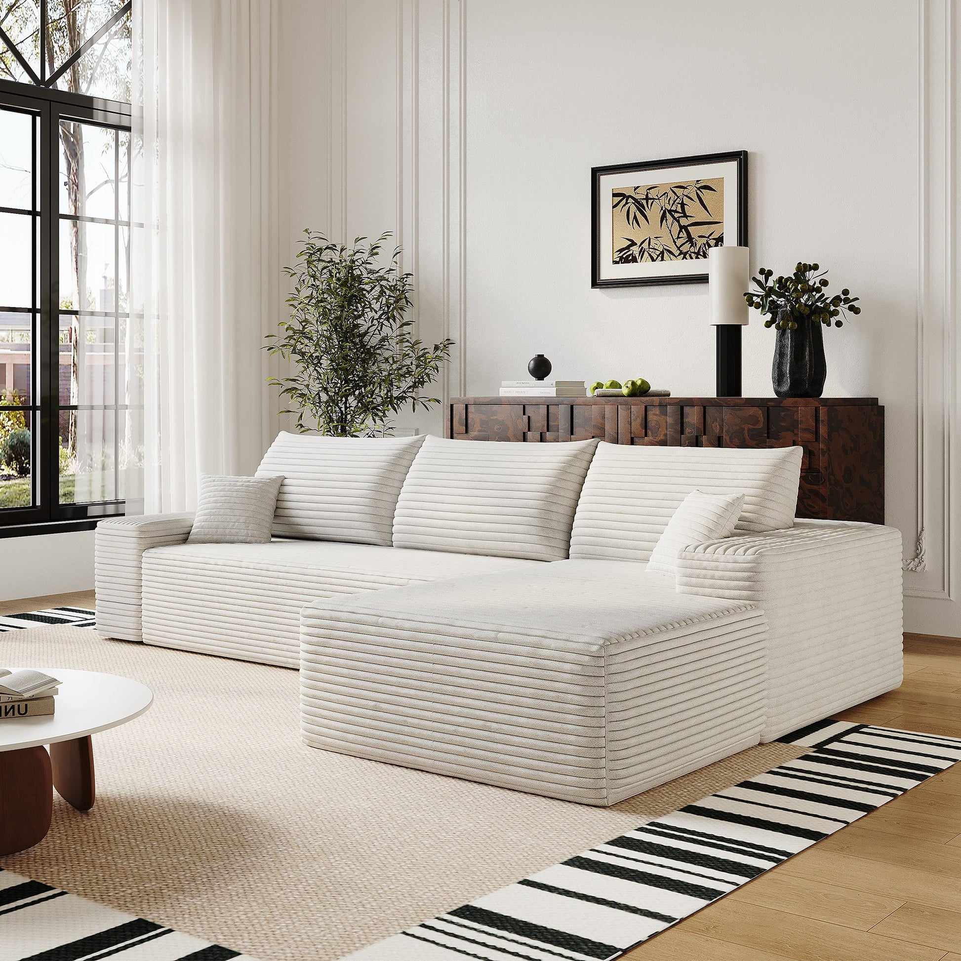 107' Cloud Sectional Couch with L - Shape Chaise,Modern Modular Sofa with Deep Seat, Upholstered Couches for Living Room Bedroom,No Assembly Required, (Plush Corduroy Fabric),White - 1st Choice Furniture Direct