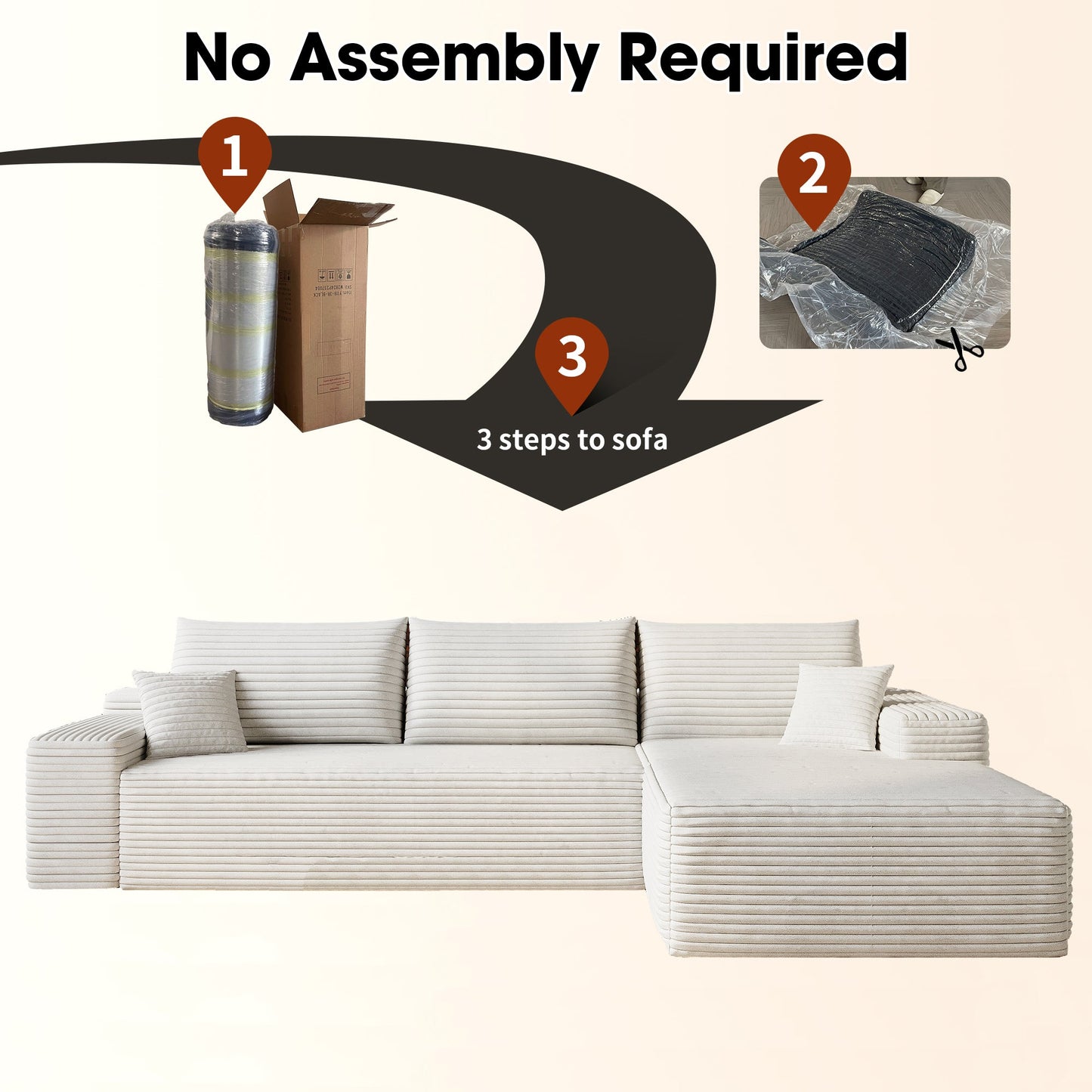 107' Cloud Sectional Couch with L - Shape Chaise,Modern Modular Sofa with Deep Seat, Upholstered Couches for Living Room Bedroom,No Assembly Required, (Plush Corduroy Fabric),White - 1st Choice Furniture Direct