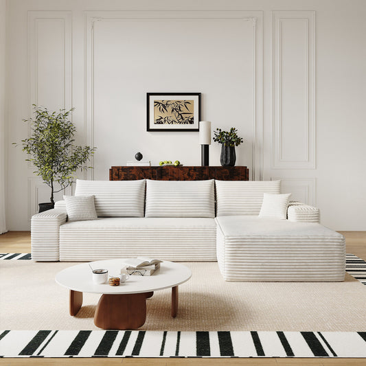 107' Cloud Sectional Couch with L - Shape Chaise,Modern Modular Sofa with Deep Seat, Upholstered Couches for Living Room Bedroom,No Assembly Required, (Plush Corduroy Fabric),White - 1st Choice Furniture Direct