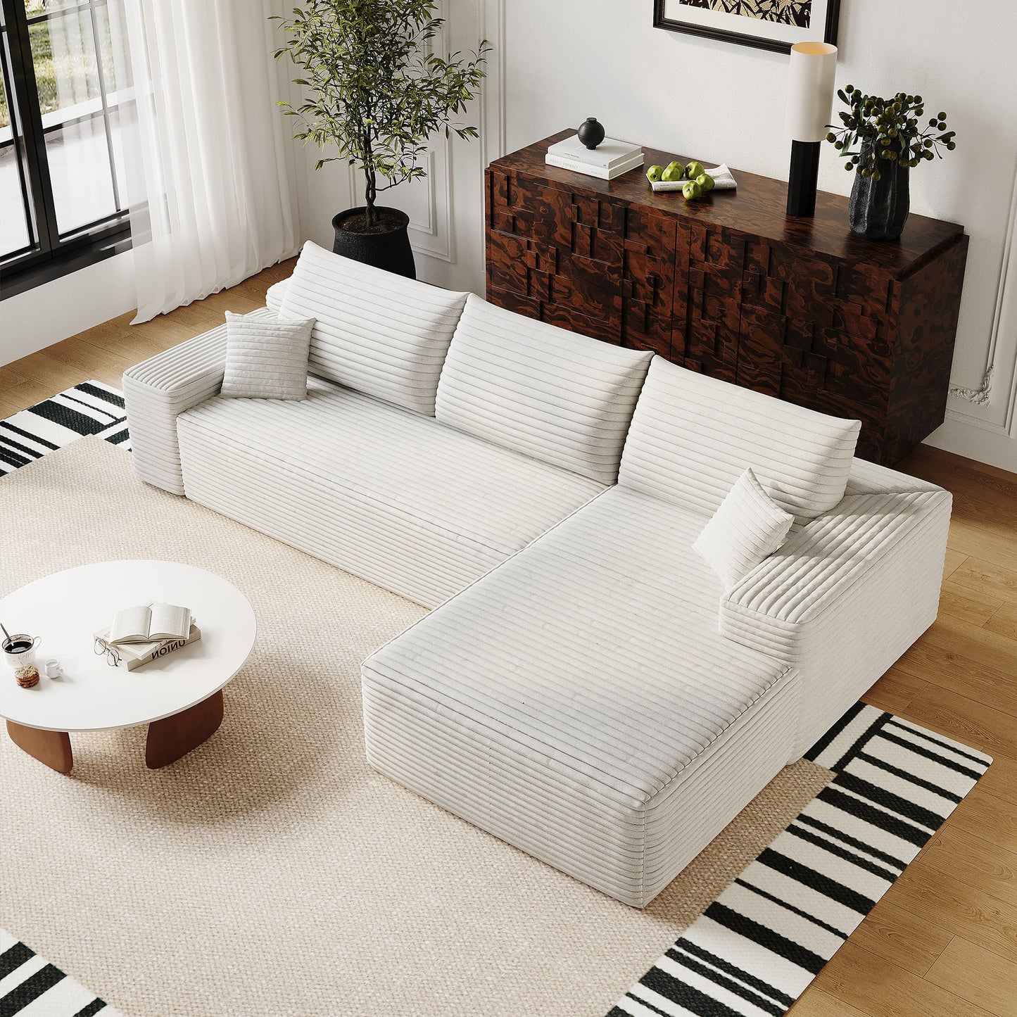 107' Cloud Sectional Couch with L - Shape Chaise,Modern Modular Sofa with Deep Seat, Upholstered Couches for Living Room Bedroom,No Assembly Required, (Plush Corduroy Fabric),White - 1st Choice Furniture Direct