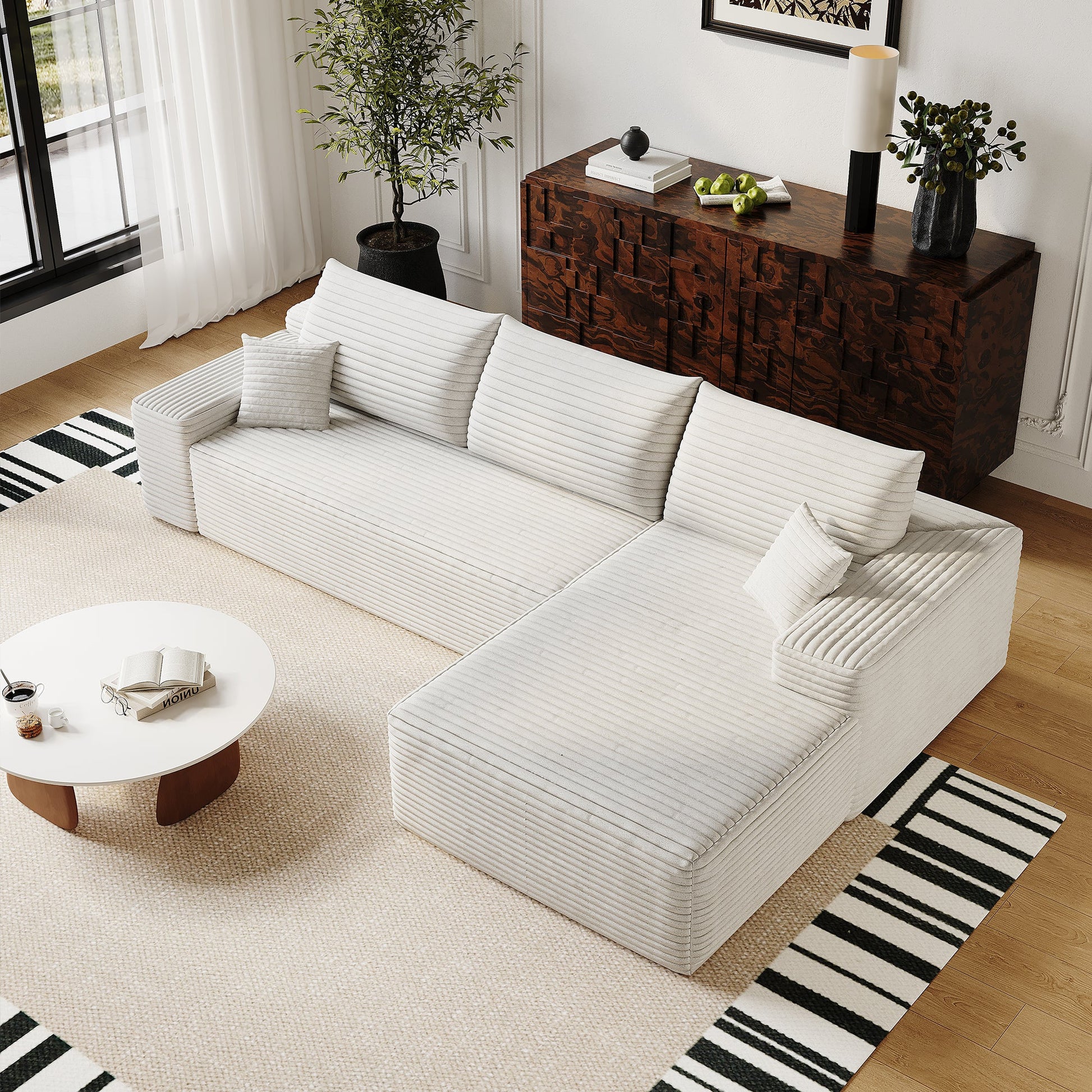 107' Cloud Sectional Couch with L - Shape Chaise,Modern Modular Sofa with Deep Seat, Upholstered Couches for Living Room Bedroom,No Assembly Required, (Plush Corduroy Fabric),White - 1st Choice Furniture Direct