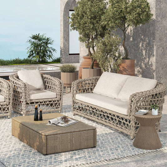 Everly 63.5' Woven Frame Barrel Deep Seating Patio Loveseat Sofa, Oat Beige Axroma Olefin
