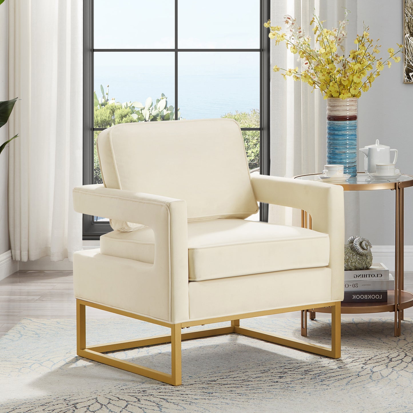 1st Choice Modern Style Accent Chair with Gold Metal Base in Cream