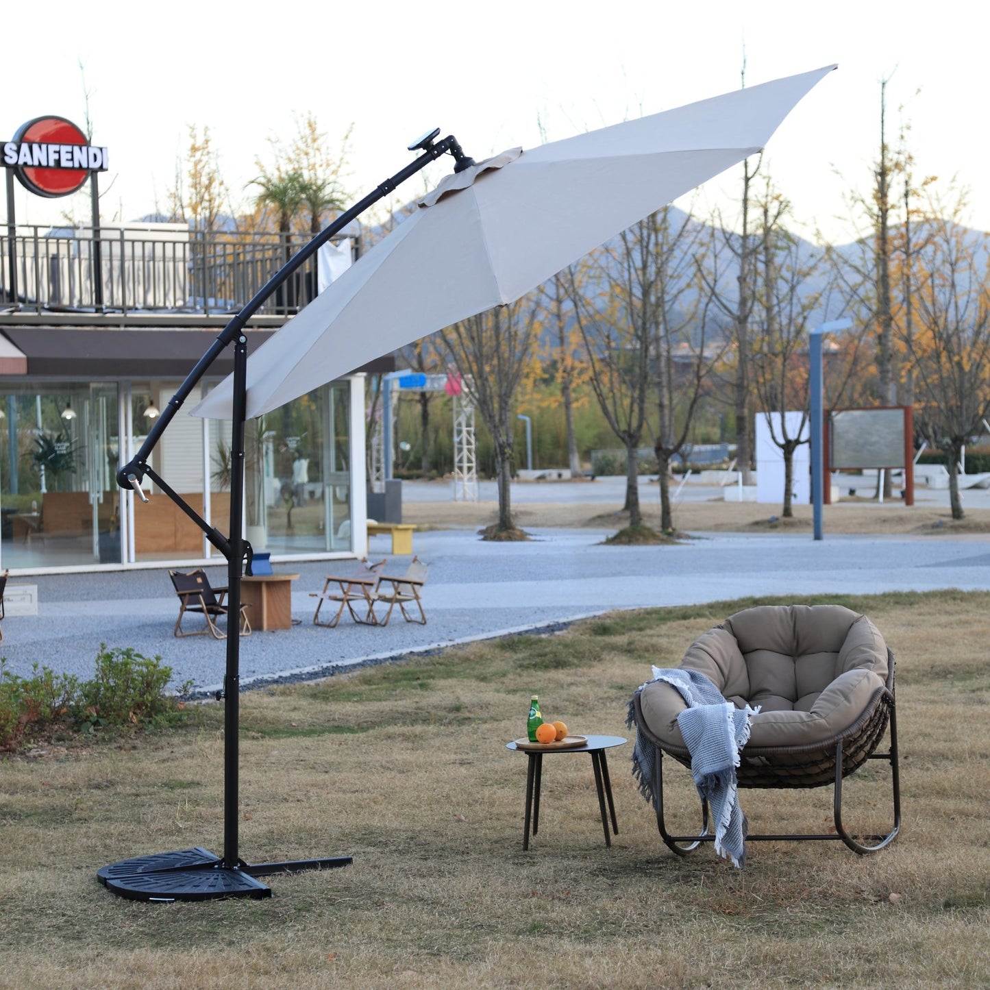 10ft Solar LED Offset Hanging Market Patio Umbrella ( khaki )(No Base) - 1st Choice Furniture Direct