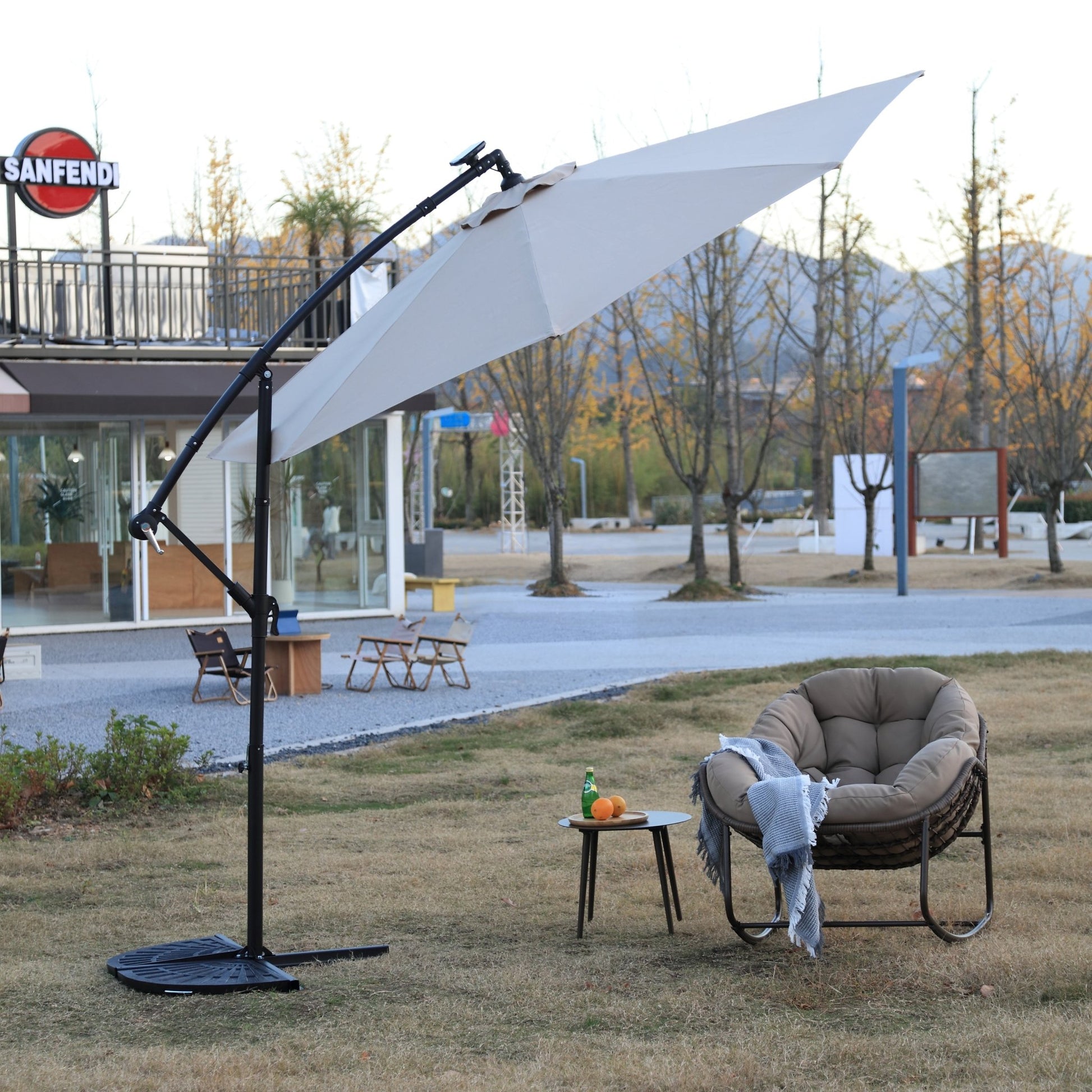 10ft Solar LED Offset Hanging Market Patio Umbrella ( khaki )(No Base) - 1st Choice Furniture Direct