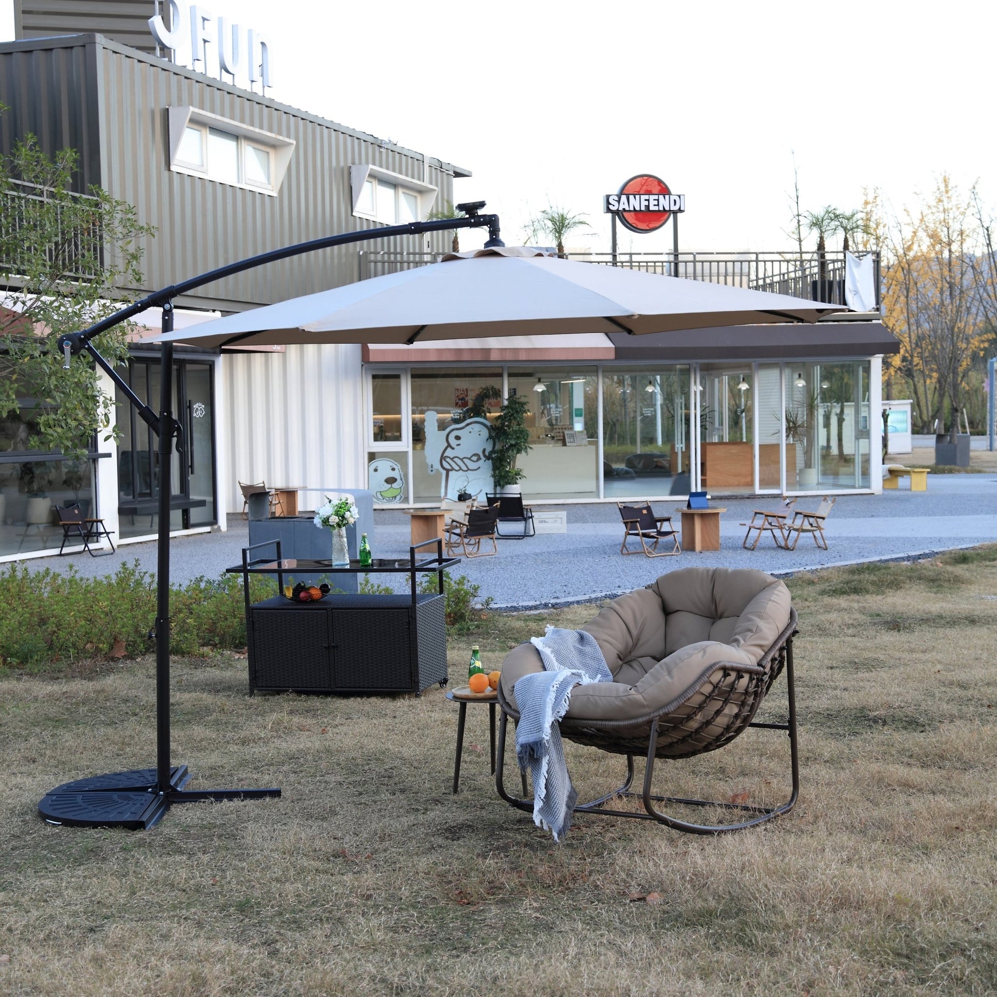 10ft Solar LED Offset Hanging Market Patio Umbrella ( khaki )(No Base) - 1st Choice Furniture Direct