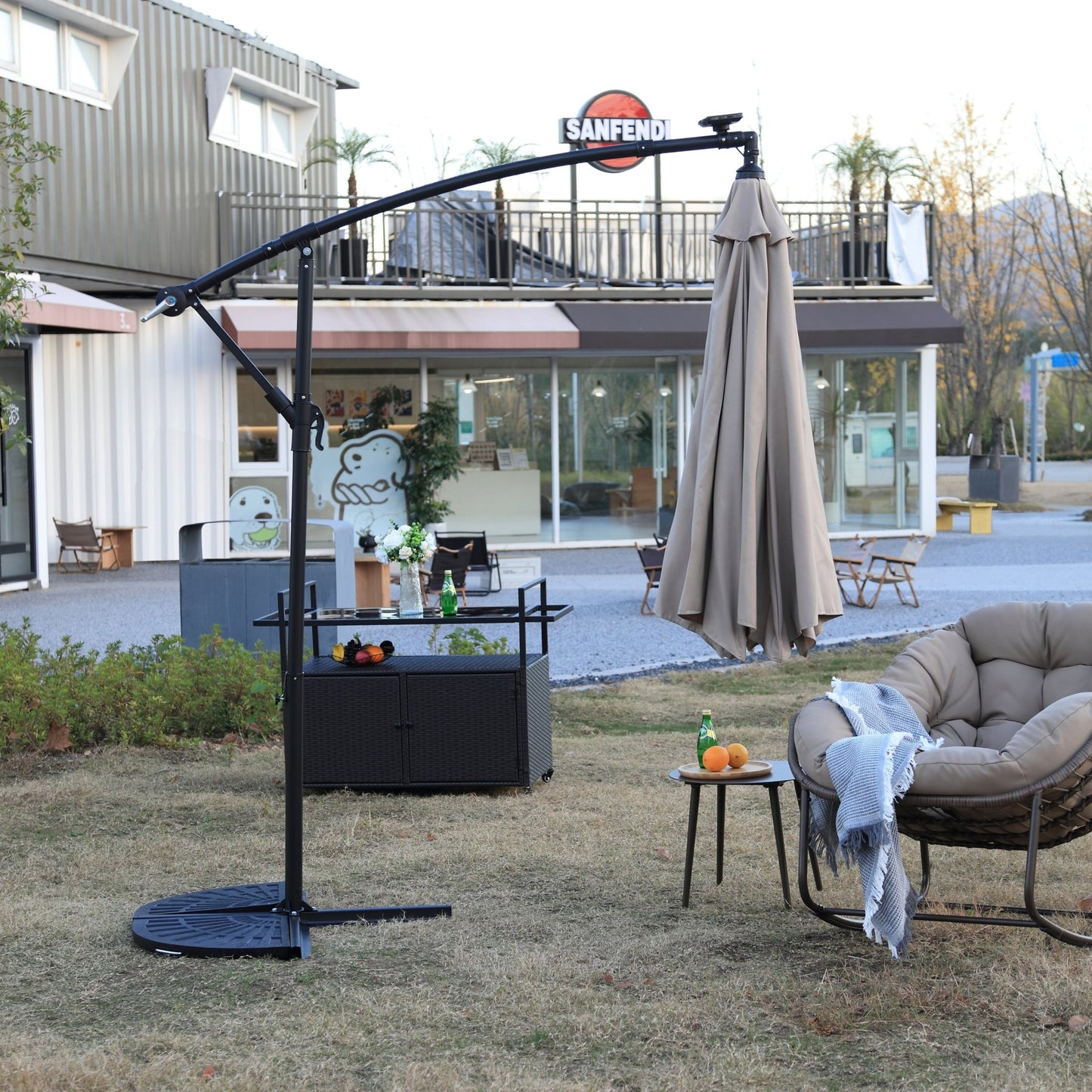 10ft Solar LED Offset Hanging Market Patio Umbrella ( khaki )(No Base) - 1st Choice Furniture Direct