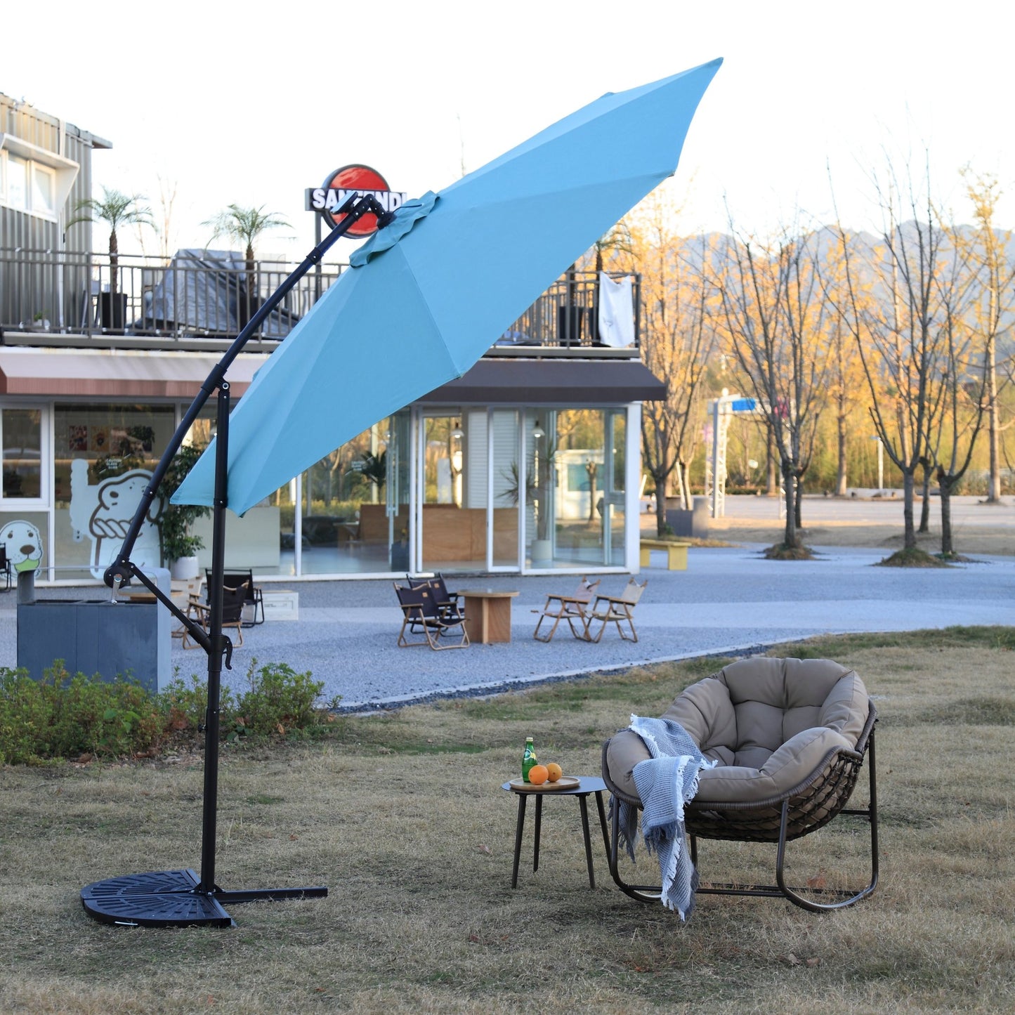 10ft Solar LED Offset Hanging Market Patio Umbrella ( Light green )(No Base) - 1st Choice Furniture Direct