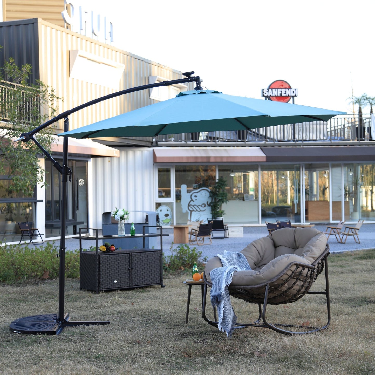 10ft Solar LED Offset Hanging Market Patio Umbrella ( Light green )(No Base) - 1st Choice Furniture Direct