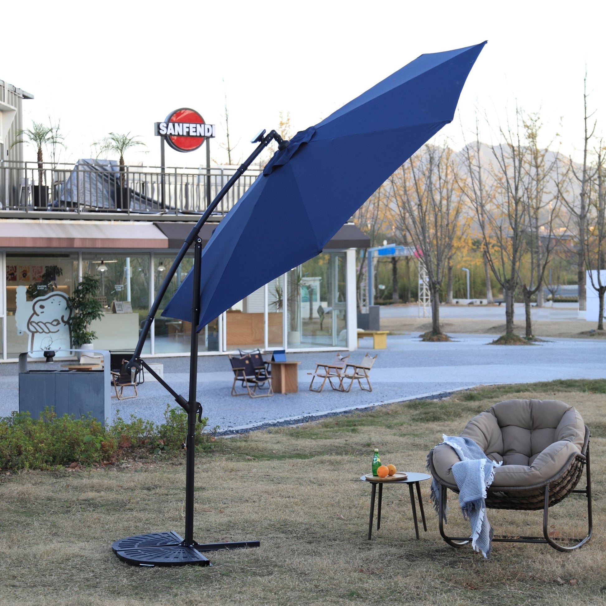 10ft Solar LED Offset Hanging Market Patio Umbrella (Navy blue )(No Base) - 1st Choice Furniture Direct