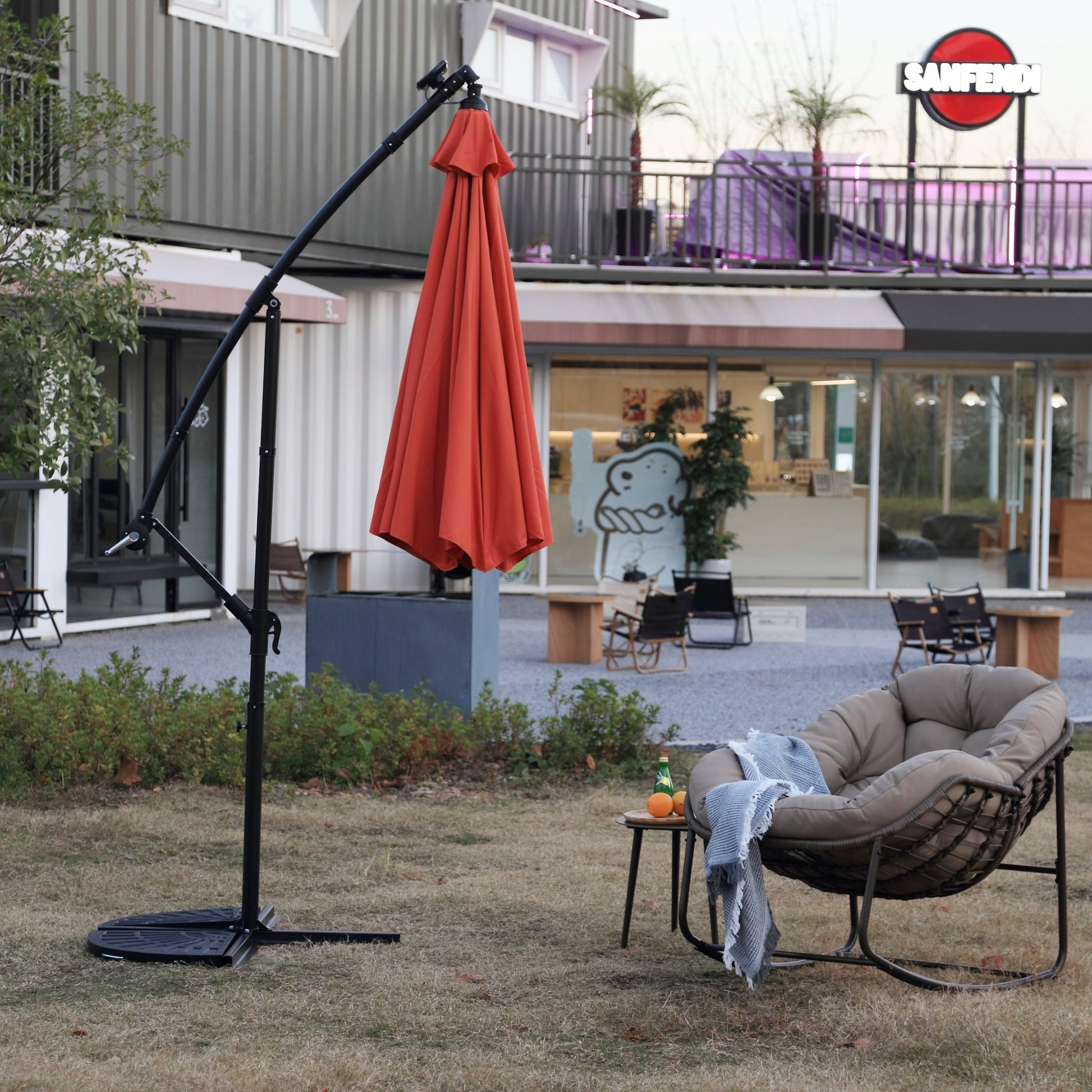 10ft Solar LED Offset Hanging Market Patio Umbrella (orange )(No Base) - 1st Choice Furniture Direct