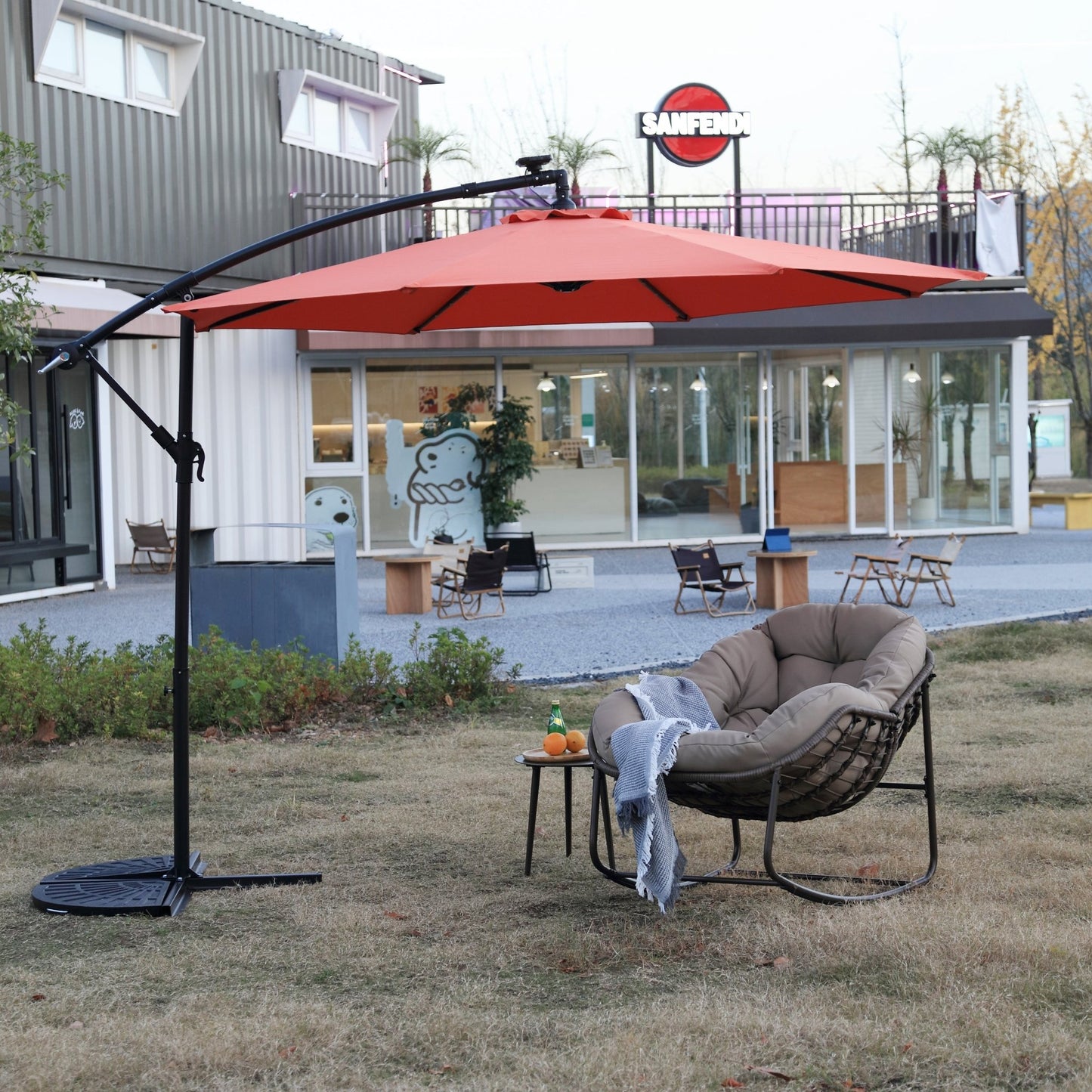 10ft Solar LED Offset Hanging Market Patio Umbrella (orange )(No Base) - 1st Choice Furniture Direct