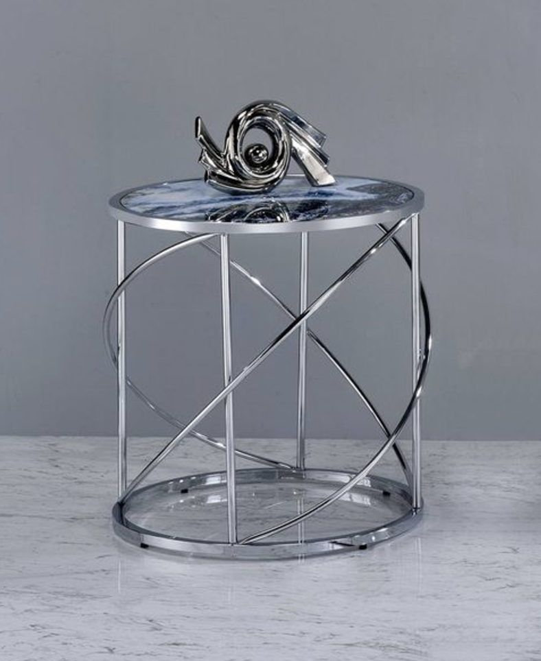 Lyda Blue Marble Print & Chrome Finish End Table