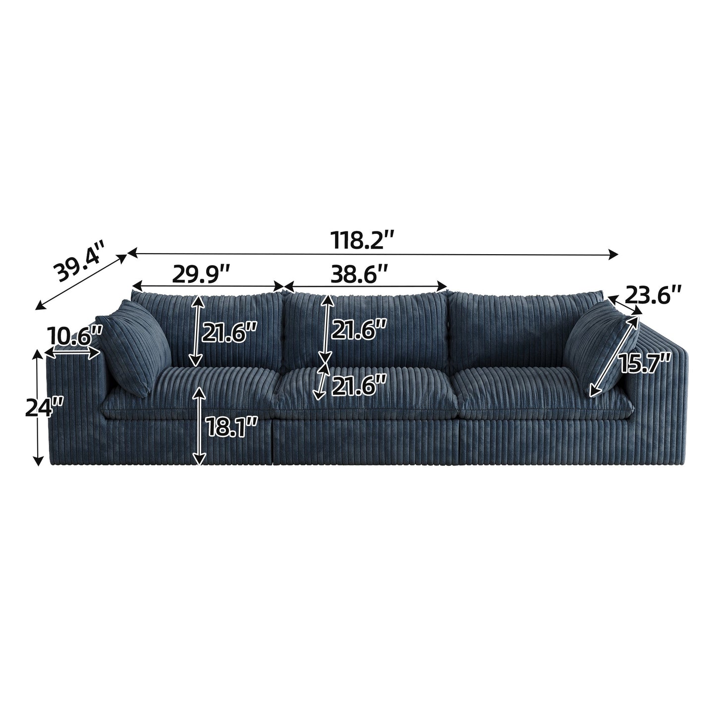 118.2' Cloud Sofa,Corduroy Fabric,Deep Seat Couches,Double - layer design,Removable Cushion,No Assembly, DIY Combination for Living room, Bedroom,Conference room ,Apartment,Blue - 1st Choice Furniture Direct