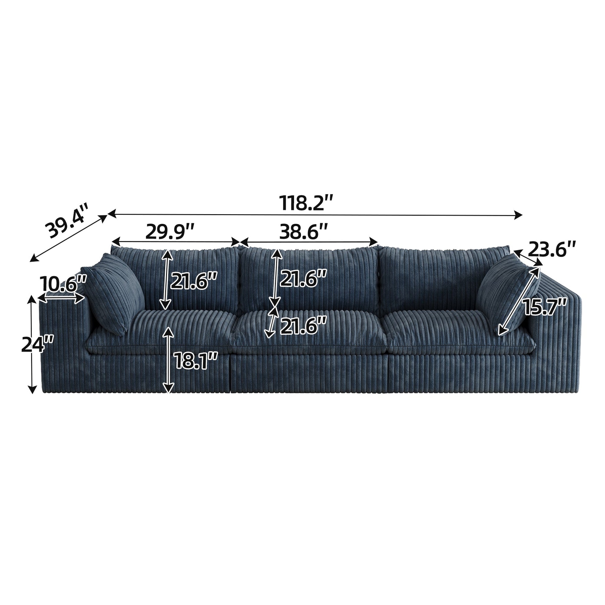 118.2' Cloud Sofa,Corduroy Fabric,Deep Seat Couches,Double - layer design,Removable Cushion,No Assembly, DIY Combination for Living room, Bedroom,Conference room ,Apartment,Blue - 1st Choice Furniture Direct