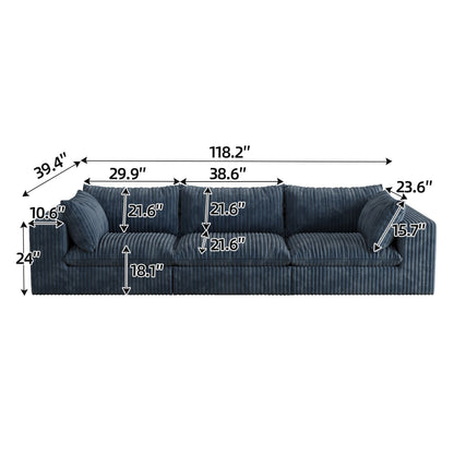 118.2' Cloud Sofa,Corduroy Fabric,Deep Seat Couches,Double - layer design,Removable Cushion,No Assembly, DIY Combination for Living room, Bedroom,Conference room ,Apartment,Blue - 1st Choice Furniture Direct