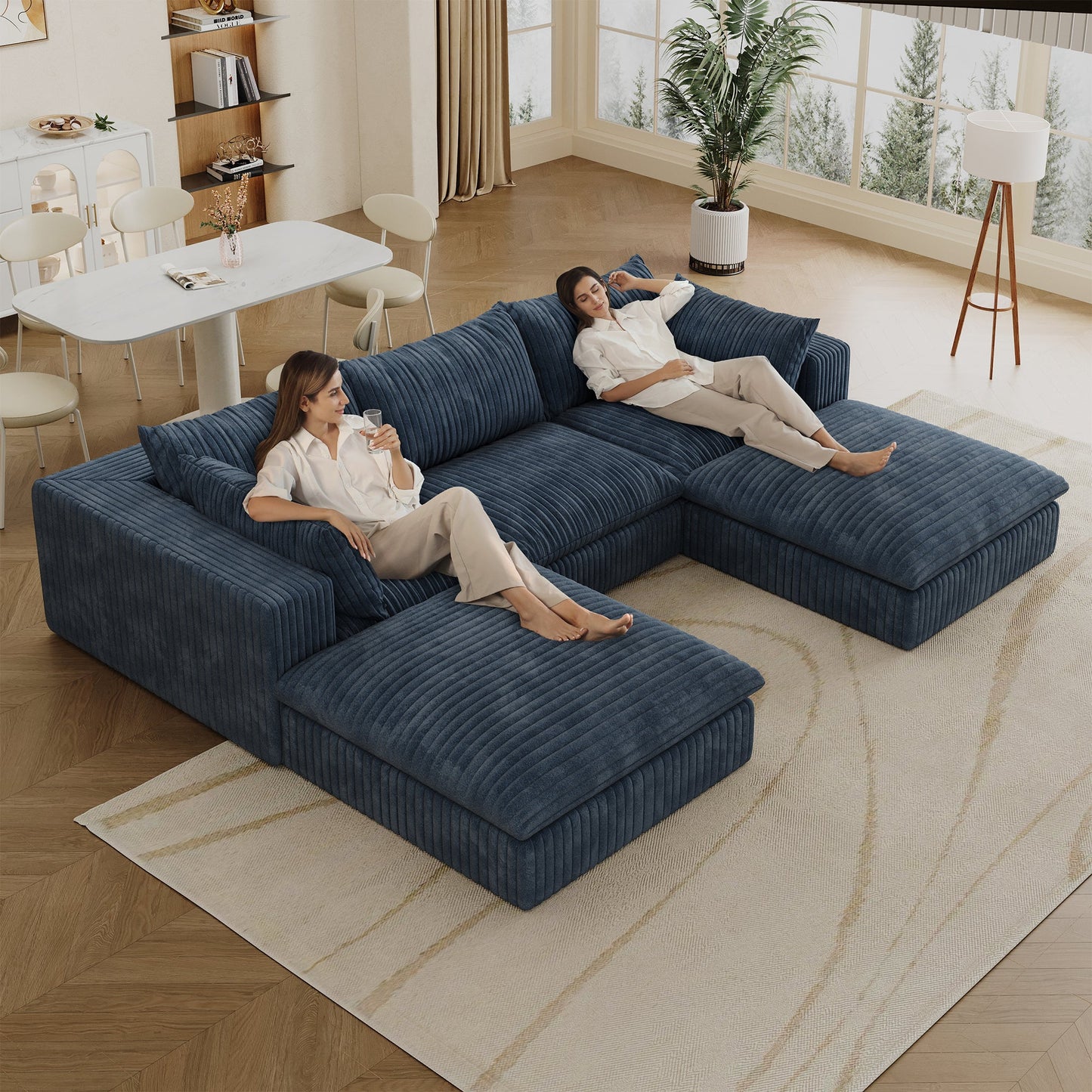 118.2' Cloud Sofa,Corduroy Fabric,Deep Seat Couches,Double - layer design,Removable Cushion,No Assembly, DIY Combination for Living room, Bedroom,Conference room ,Apartment,Blue - 1st Choice Furniture Direct