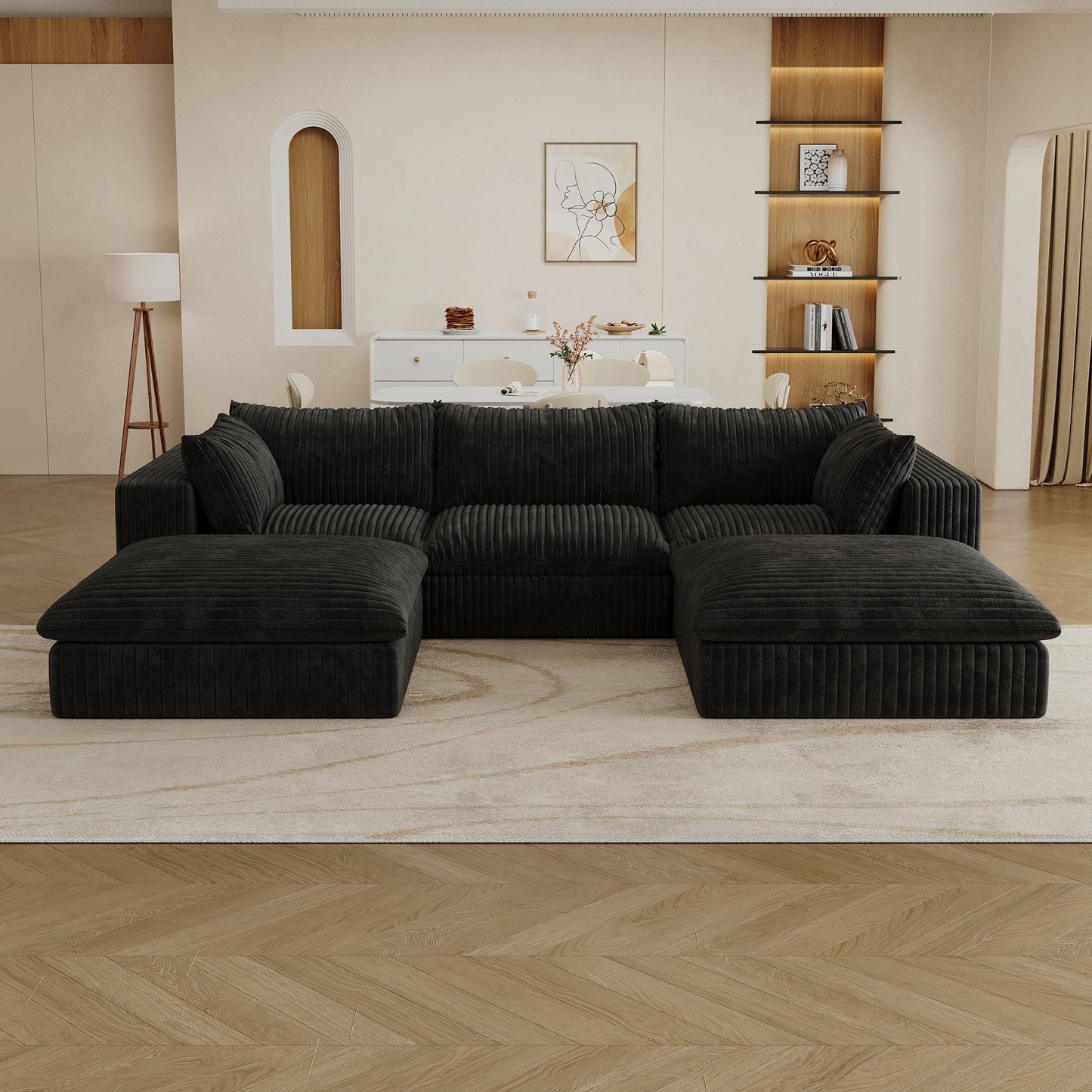 118.2' Cloud Sofa,Corduroy Fabric,Deep Seat Couches,Double - layer design,Removable Cushion,No Assembly, DIY Combination for Living room, Bedroom,Conference room ,Apartment,Black - 1st Choice Furniture Direct
