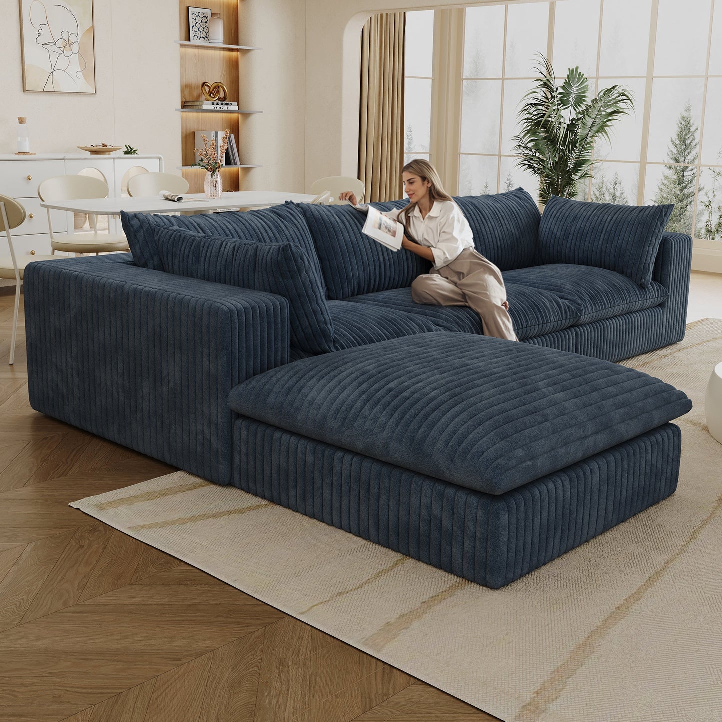 118.2' Cloud Sofa,Corduroy Fabric,Deep Seat Couches,Double - layer design,Removable Cushion,No Assembly, DIY Combination for Living room, Bedroom,Conference room ,Apartment,Blue - 1st Choice Furniture Direct